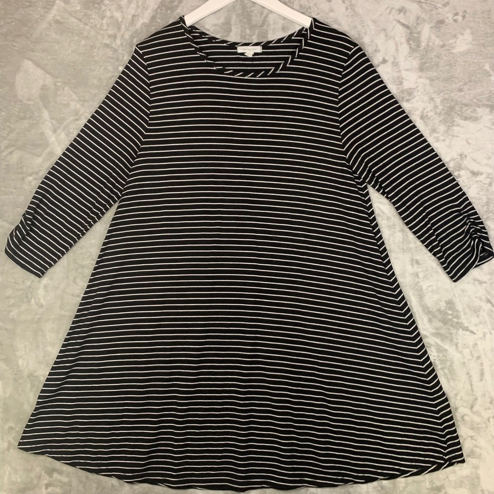 Garnet‎ Hill Black White Striped Dress 3/4 Ruched Sleeve A-Line Large Coastal